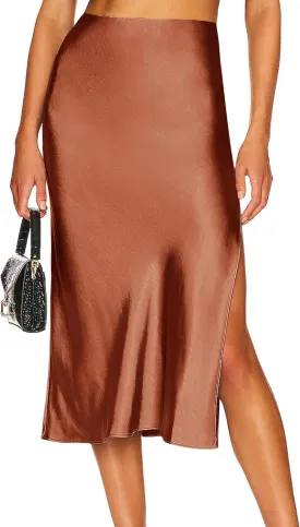 Ezcosplay Women Satin Midi Skirt High Elastic Waisted Satin Slip Skirts Casual Silk Skirt with Slit