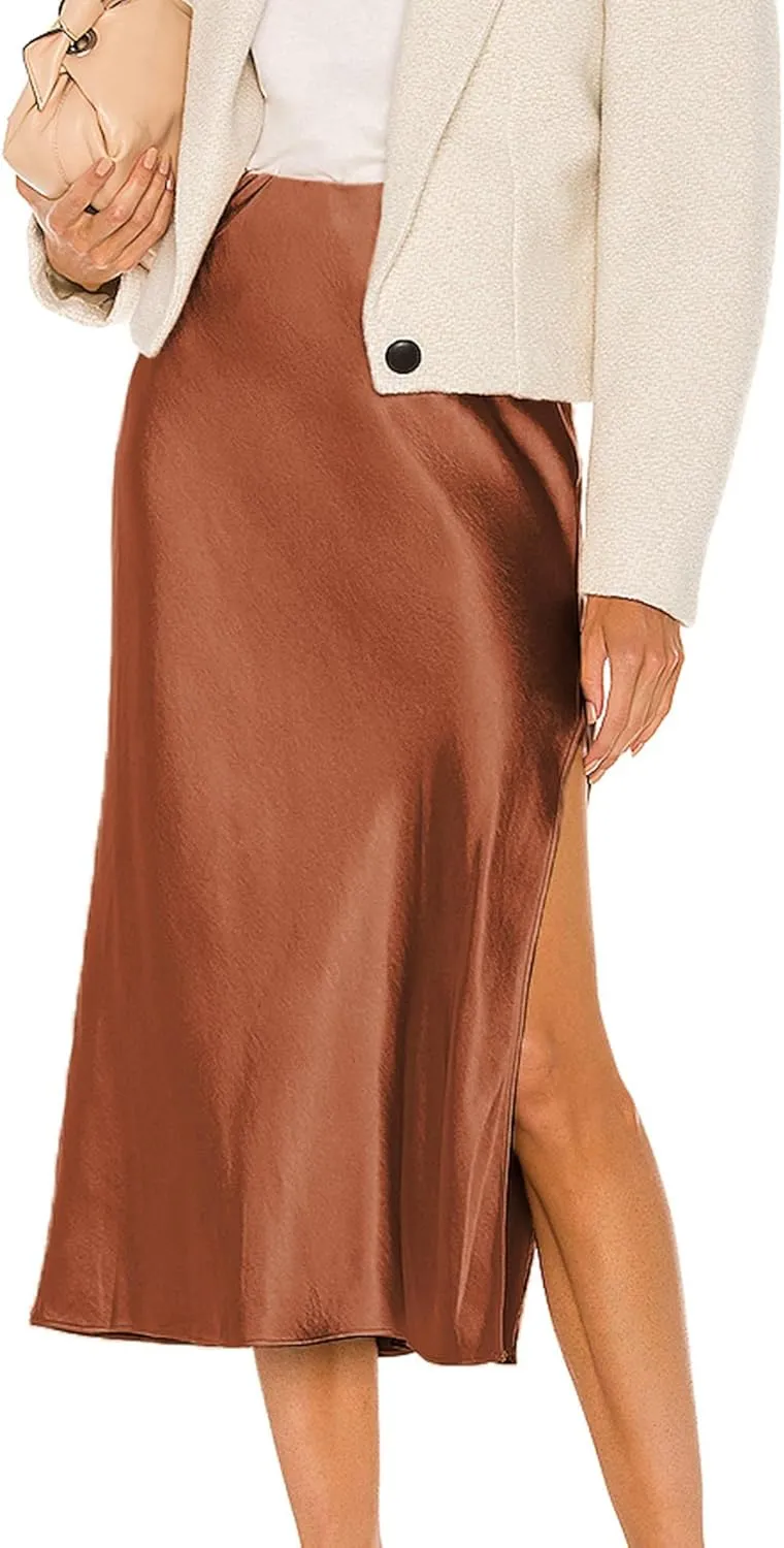 Ezcosplay Women Satin Midi Skirt High Elastic Waisted Satin Slip Skirts Casual Silk Skirt with Slit