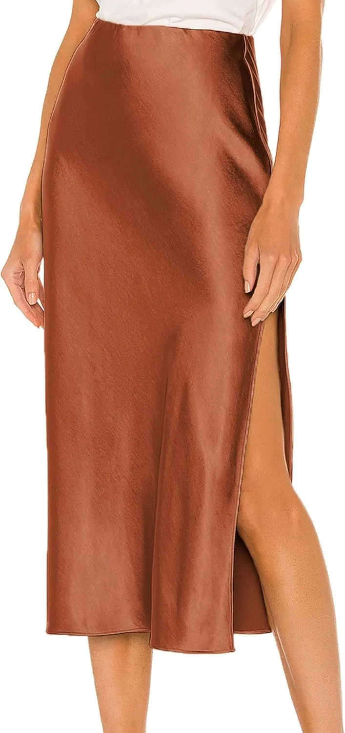 Ezcosplay Women Satin Midi Skirt High Elastic Waisted Satin Slip Skirts Casual Silk Skirt with Slit