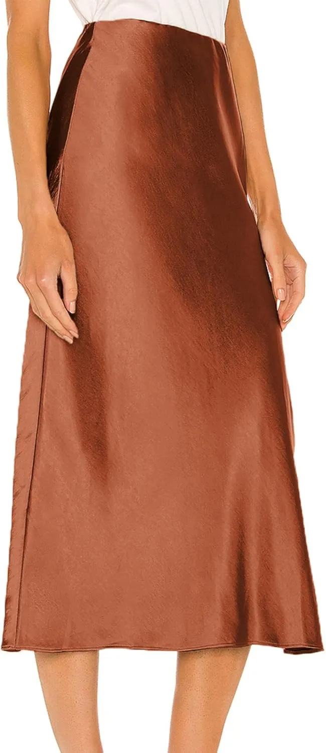 Ezcosplay Women Satin Midi Skirt High Elastic Waisted Satin Slip Skirts Casual Silk Skirt with Slit