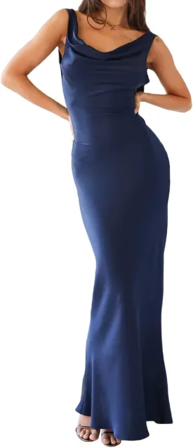 FULA-bao Women Satin Silk Slip Backless Maxi Dress for Wedding Guest Cowl Neck Cocktail Party Long Midi Dresses