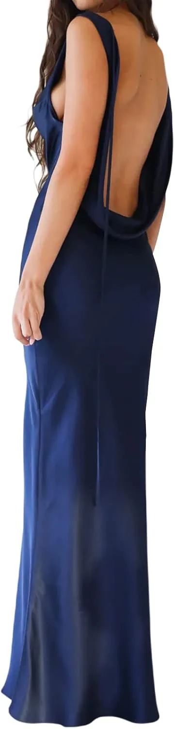 FULA-bao Women Satin Silk Slip Backless Maxi Dress for Wedding Guest Cowl Neck Cocktail Party Long Midi Dresses