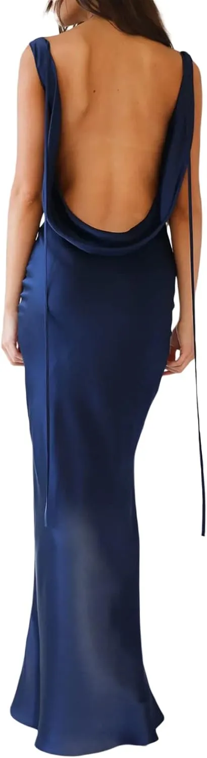 FULA-bao Women Satin Silk Slip Backless Maxi Dress for Wedding Guest Cowl Neck Cocktail Party Long Midi Dresses