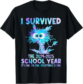 Funny Cat I Survived Last Day of School Teachers Year 2025 T-Shirt