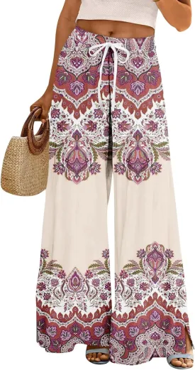 GOFULY Wide Leg Flowy Pants for Women Summer 2025 Beach Palazzo Pants High Elastic Waist Drawstring Side Slit Pockets Trouser