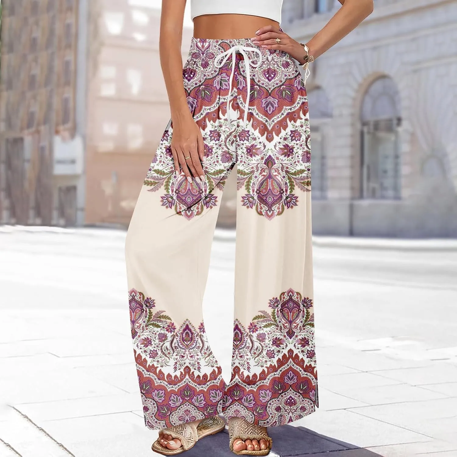 GOFULY Wide Leg Flowy Pants for Women Summer 2025 Beach Palazzo Pants High Elastic Waist Drawstring Side Slit Pockets Trouser
