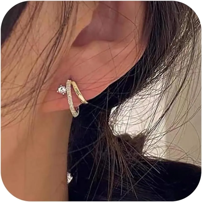 Gold Huggie Split Double Hoop Earrings for Women 14k Plated Gold 925 Sterling Silver Dainty White CZ Huggie Illusion Stud Earrings Oval Cuff Earrings to Daughter Birthday Christmas Gifts
