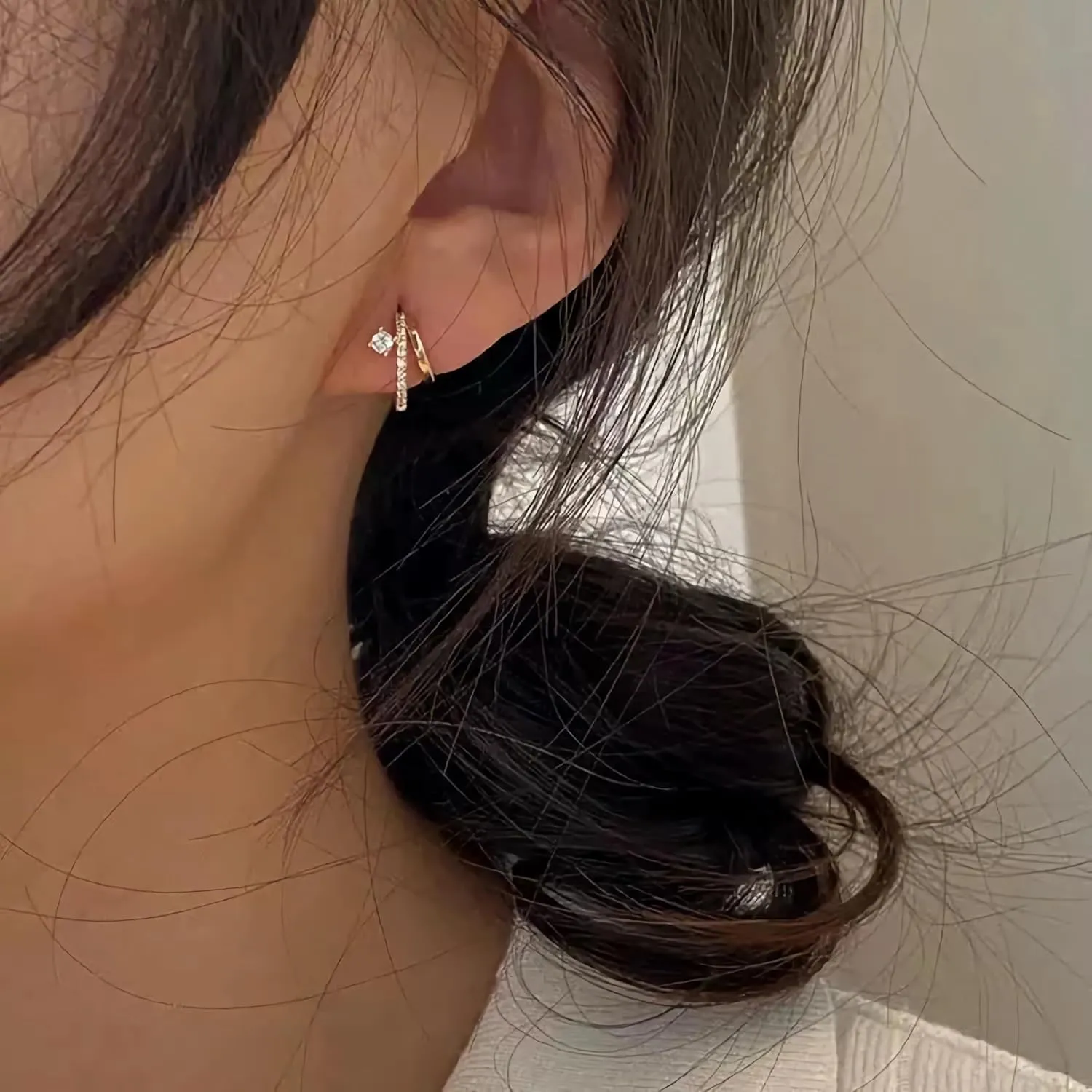 Gold Huggie Split Double Hoop Earrings for Women 14k Plated Gold 925 Sterling Silver Dainty White CZ Huggie Illusion Stud Earrings Oval Cuff Earrings to Daughter Birthday Christmas Gifts
