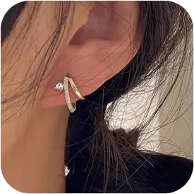 Gold Huggie Split Double Hoop Earrings for Women 14k Plated Gold 925 Sterling Silver Dainty White CZ Huggie Illusion Stud Earrings Oval Cuff Earrings to Daughter Birthday Christmas Gifts