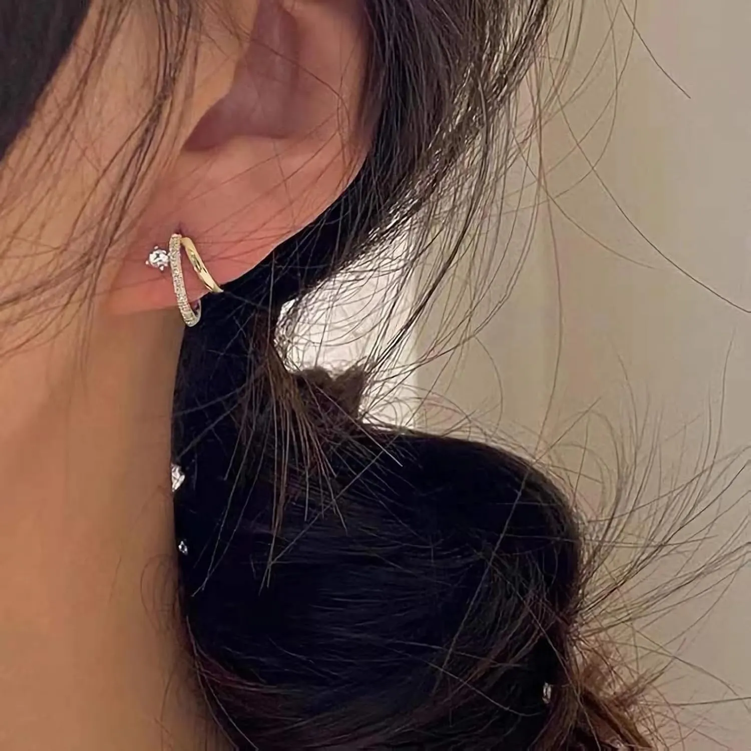 Gold Huggie Split Double Hoop Earrings for Women 14k Plated Gold 925 Sterling Silver Dainty White CZ Huggie Illusion Stud Earrings Oval Cuff Earrings to Daughter Birthday Christmas Gifts
