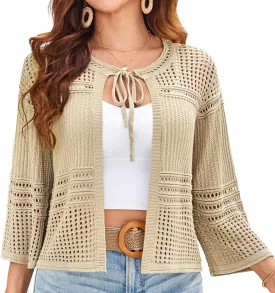 GRACE KARIN Womens 3/4 Sleeve Cropped Cardigan Summer Tie Open Front Corchet Knit Lightweight Bolero Shrug Sweaters