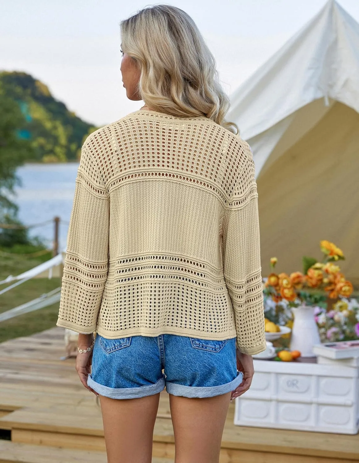 GRACE KARIN Womens 3/4 Sleeve Cropped Cardigan Summer Tie Open Front Corchet Knit Lightweight Bolero Shrug Sweaters