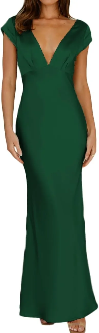 Halfisland Womens Summer Satin V Neck Cap Sleeve Backless Maxi Dress Elegant Twist Cut Out Midi Dresses Wedding Guest
