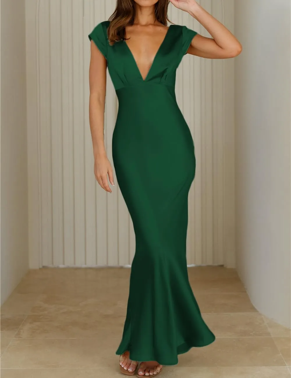 Halfisland Womens Summer Satin V Neck Cap Sleeve Backless Maxi Dress Elegant Twist Cut Out Midi Dresses Wedding Guest