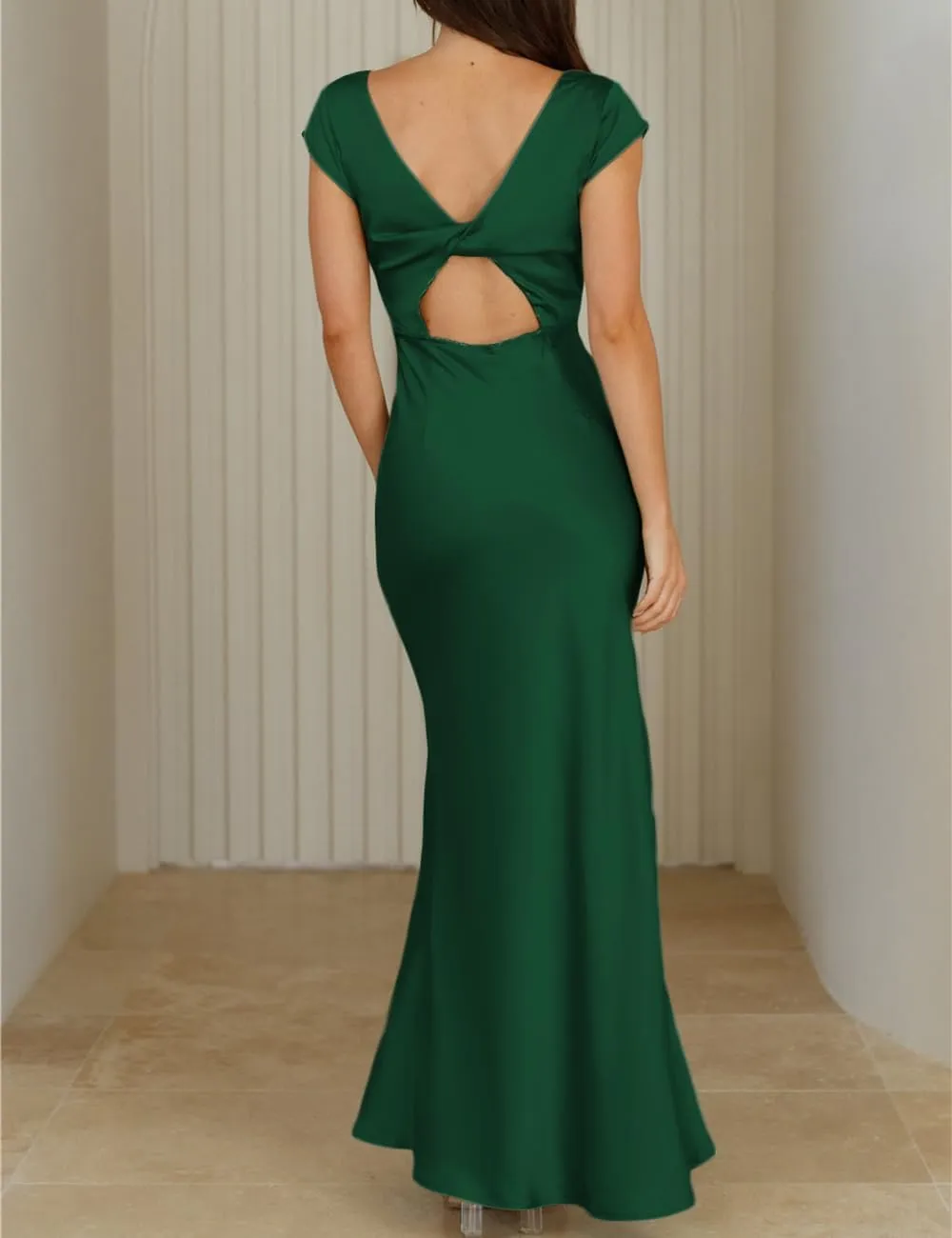 Halfisland Womens Summer Satin V Neck Cap Sleeve Backless Maxi Dress Elegant Twist Cut Out Midi Dresses Wedding Guest