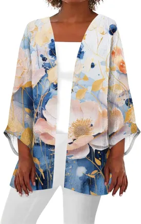 Hawaiian Boho Lightweight Jackets for Women Floral Print Puff Sleeve Kimono Cardigan Loose Cover Up Casual Blouse Top