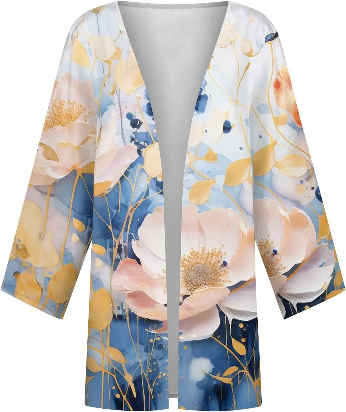 Hawaiian Boho Lightweight Jackets for Women Floral Print Puff Sleeve Kimono Cardigan Loose Cover Up Casual Blouse Top
