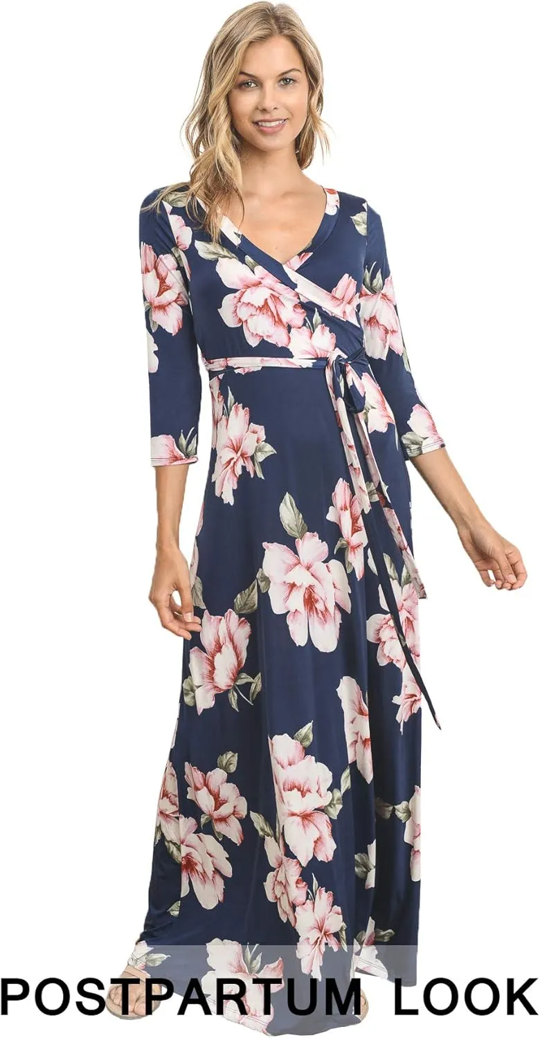 HELLO MIZ Women's Faux Wrap Maxi Maternity Dress with Belt - Made in USA