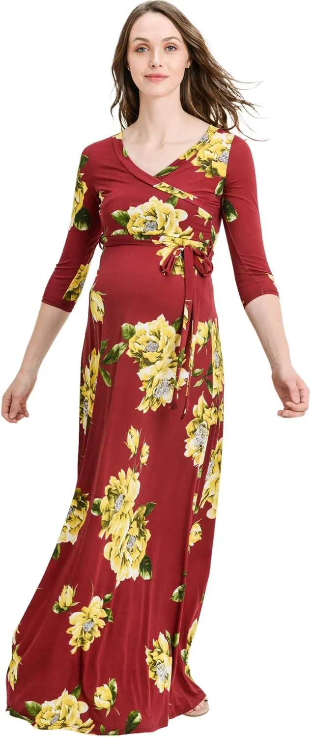 HELLO MIZ Women's Faux Wrap Maxi Maternity Dress with Belt - Made in USA