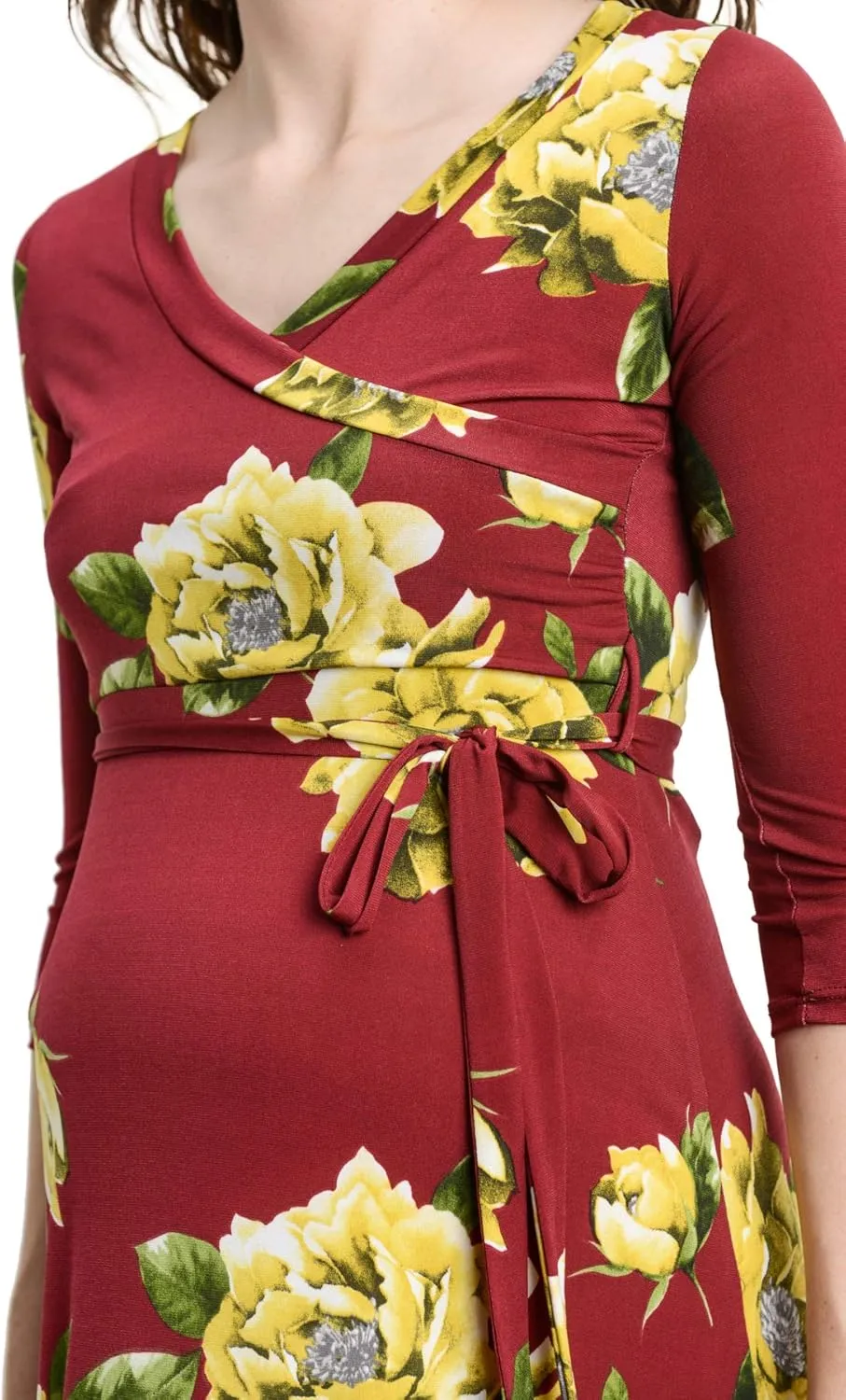 HELLO MIZ Women's Faux Wrap Maxi Maternity Dress with Belt - Made in USA