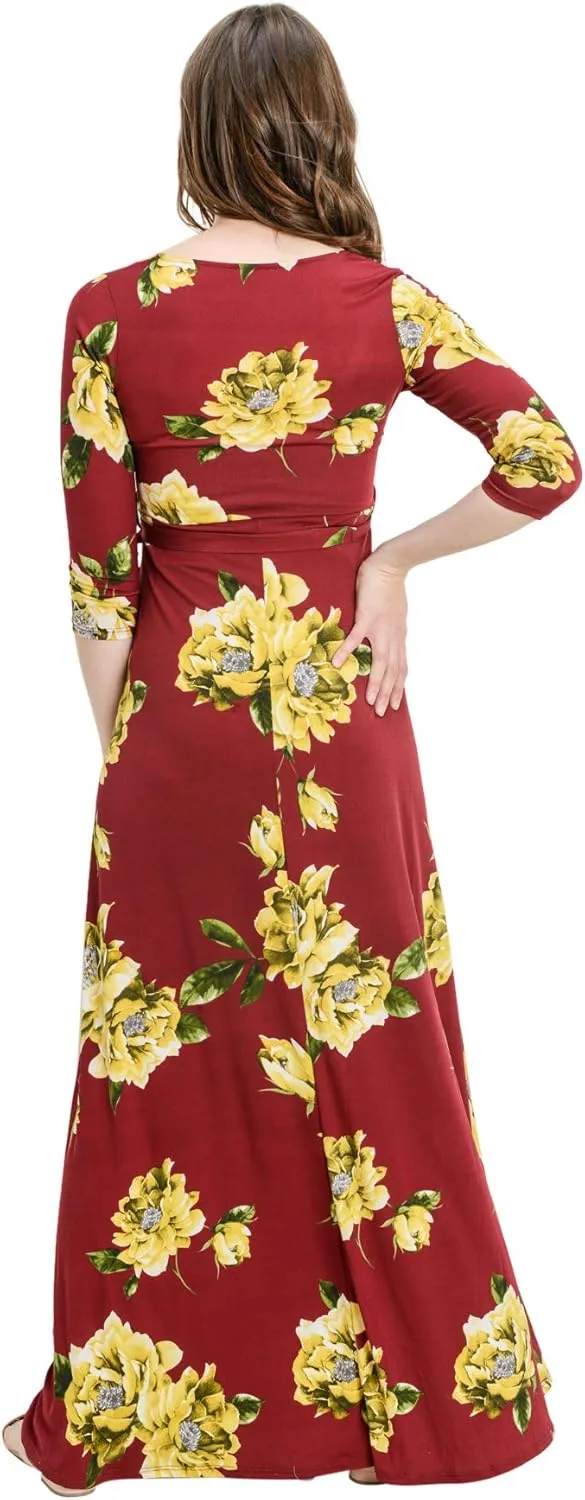 HELLO MIZ Women's Faux Wrap Maxi Maternity Dress with Belt - Made in USA