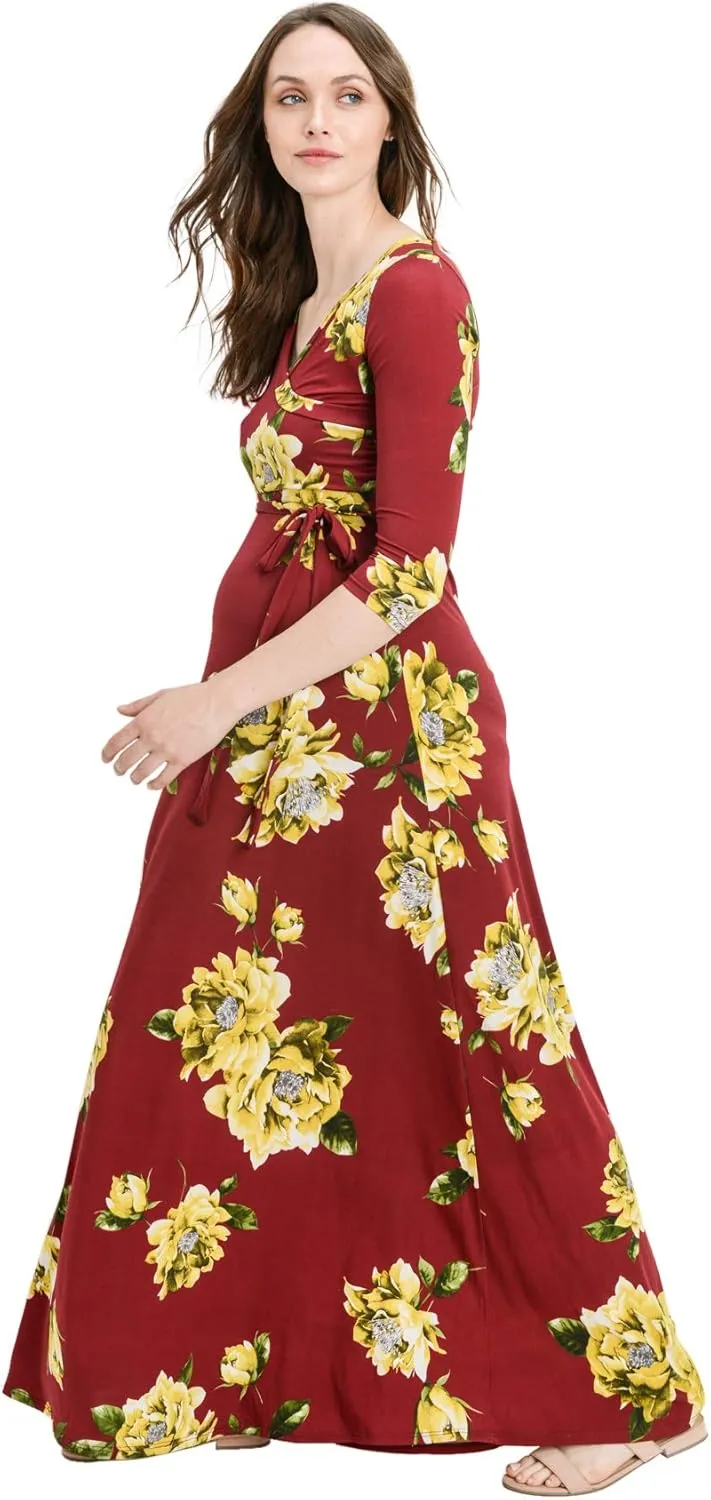 HELLO MIZ Women's Faux Wrap Maxi Maternity Dress with Belt - Made in USA