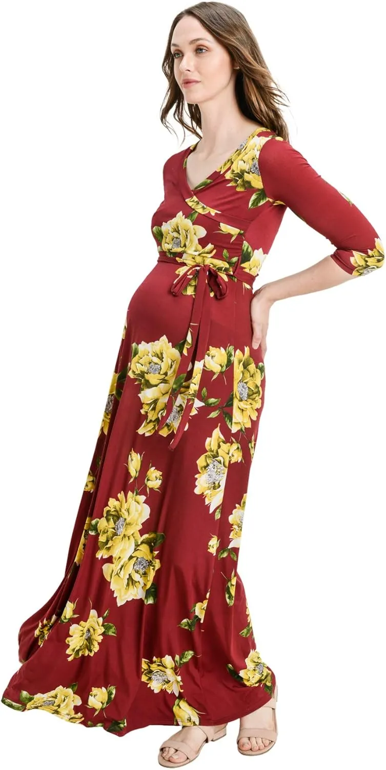 HELLO MIZ Women's Faux Wrap Maxi Maternity Dress with Belt - Made in USA