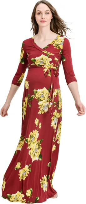 HELLO MIZ Women's Faux Wrap Maxi Maternity Dress with Belt - Made in USA