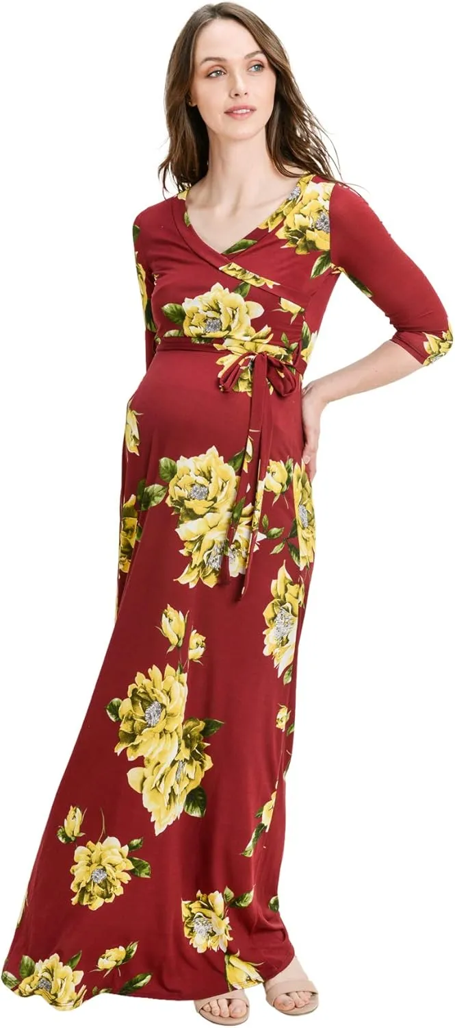 HELLO MIZ Women's Faux Wrap Maxi Maternity Dress with Belt - Made in USA