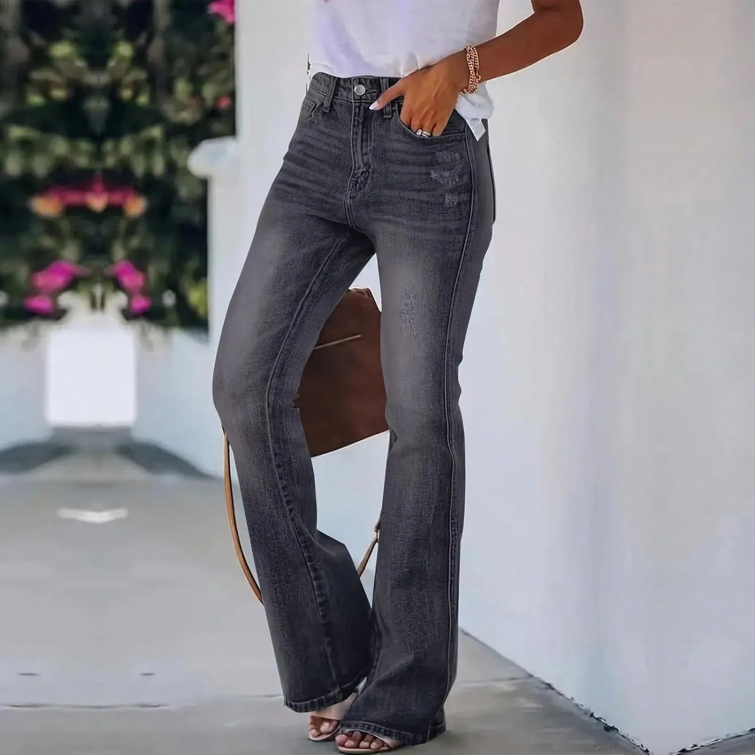 High Waisted Bootcut Jeans for Women Skinny Distressed Ripped Flare Jeans Curvy Denim Bell Bottom Pants with Pockets