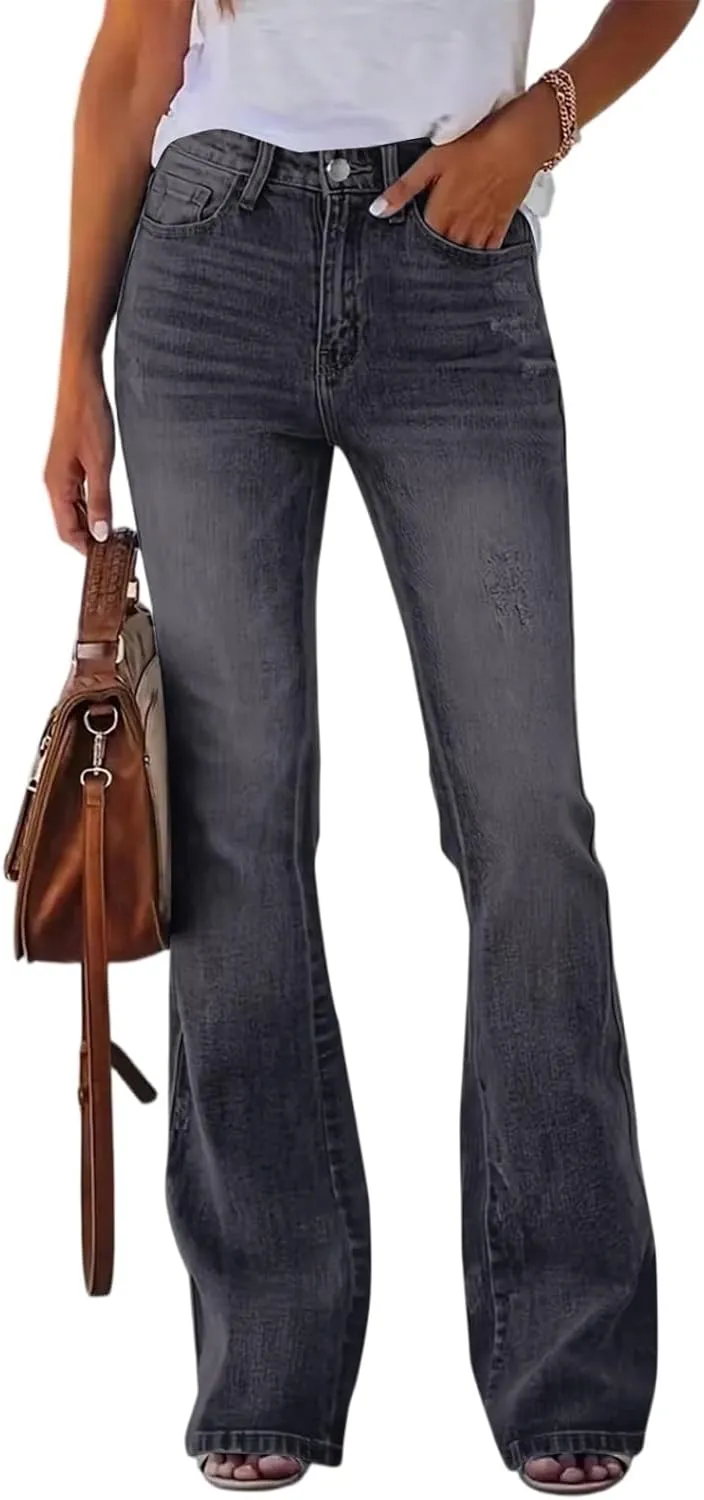 High Waisted Bootcut Jeans for Women Skinny Distressed Ripped Flare Jeans Curvy Denim Bell Bottom Pants with Pockets