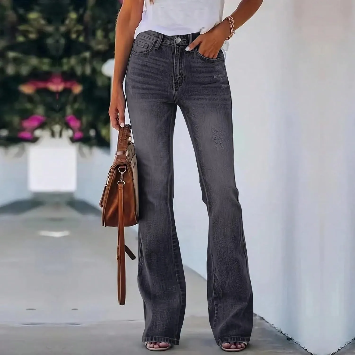 High Waisted Bootcut Jeans for Women Skinny Distressed Ripped Flare Jeans Curvy Denim Bell Bottom Pants with Pockets