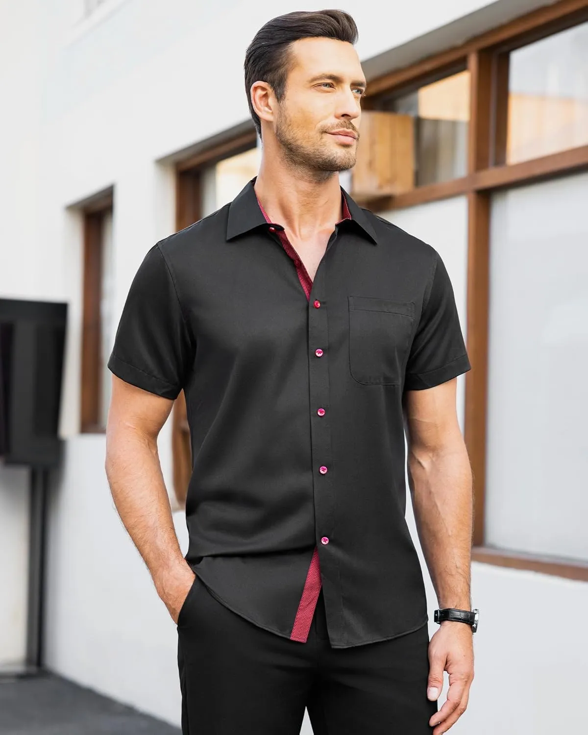 J.VER Men's Short Sleeve Dress Shirts Stretch Wrinkle Free Casual Button Down Shirts with Pocket for Business Wedding