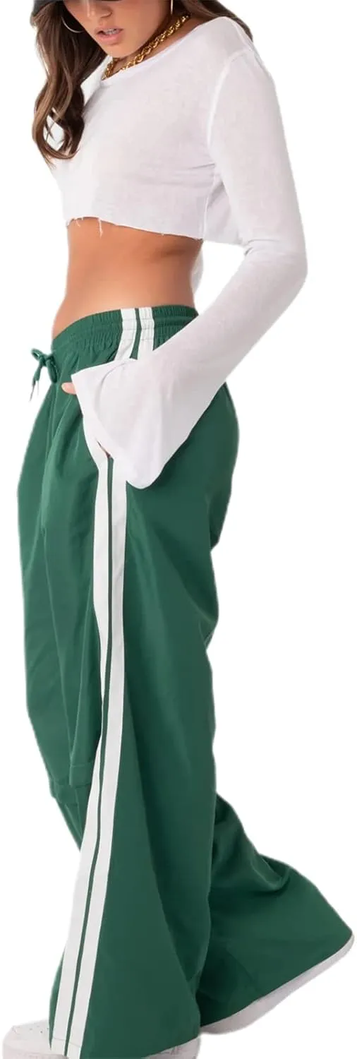 KMBANGI Women Striped Track Pants Elastic Waist Straight Leg Sweatpants Joggers Wide Leg Side Stripes Pants with Pockets