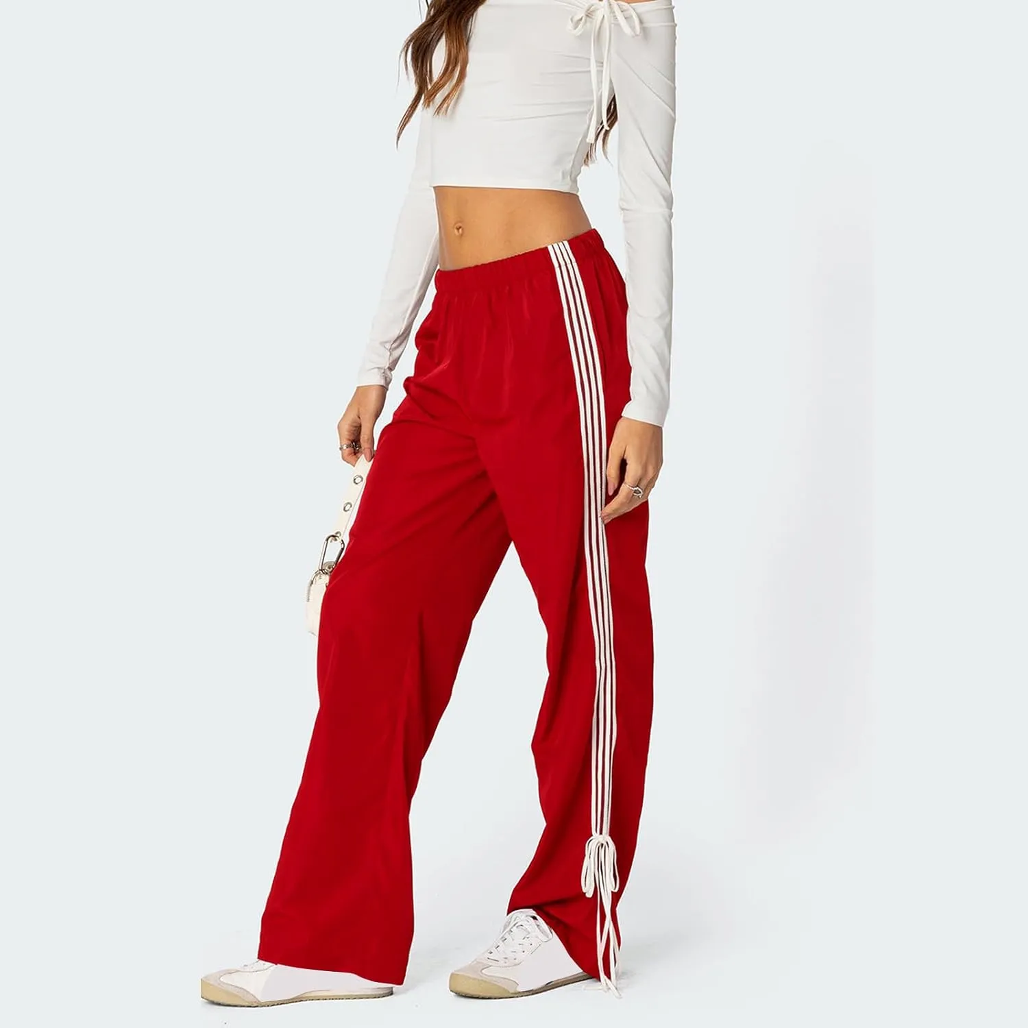 KMBANGI Women Striped Track Pants Elastic Waist Straight Leg Sweatpants Joggers Wide Leg Side Stripes Pants with Pockets