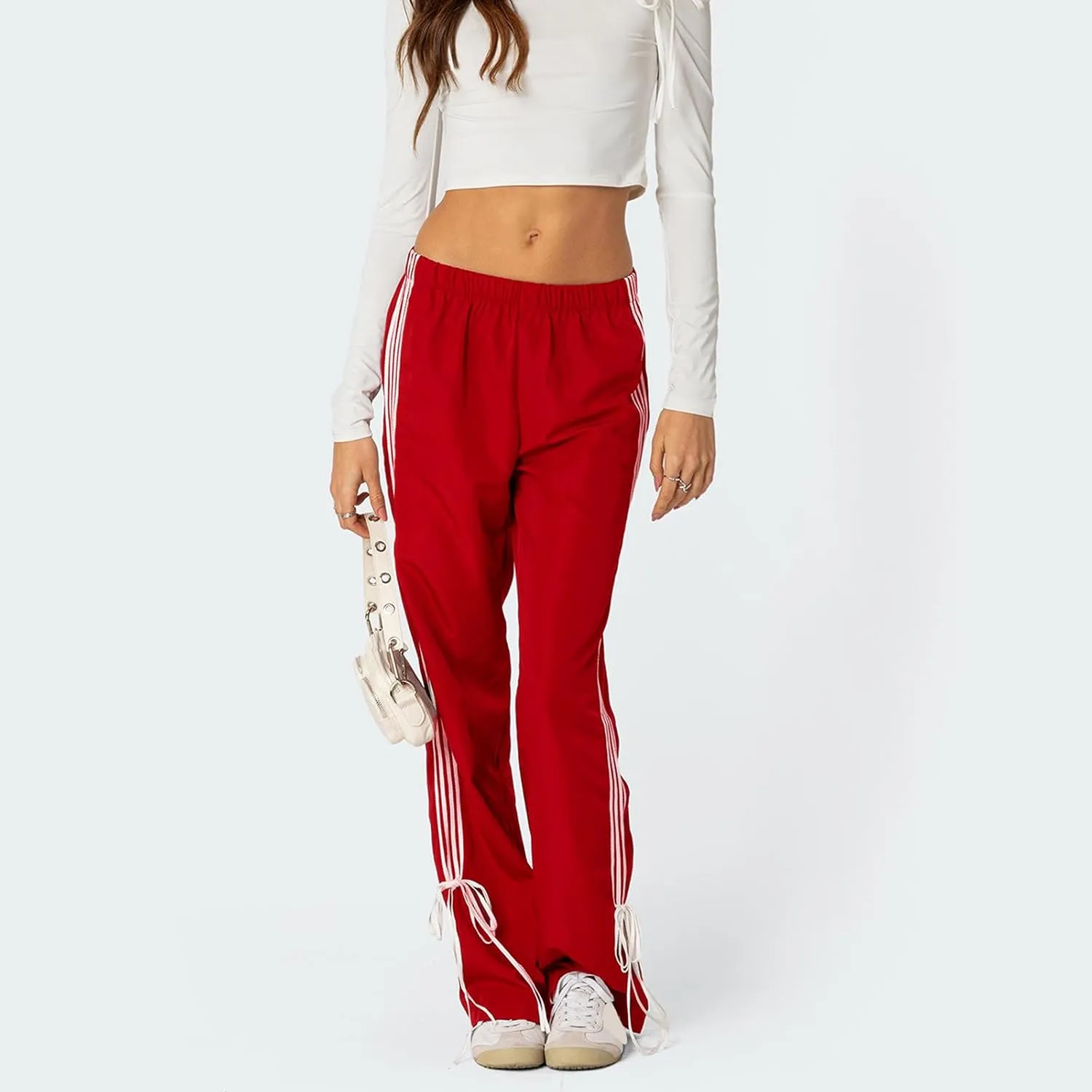 KMBANGI Women Striped Track Pants Elastic Waist Straight Leg Sweatpants Joggers Wide Leg Side Stripes Pants with Pockets