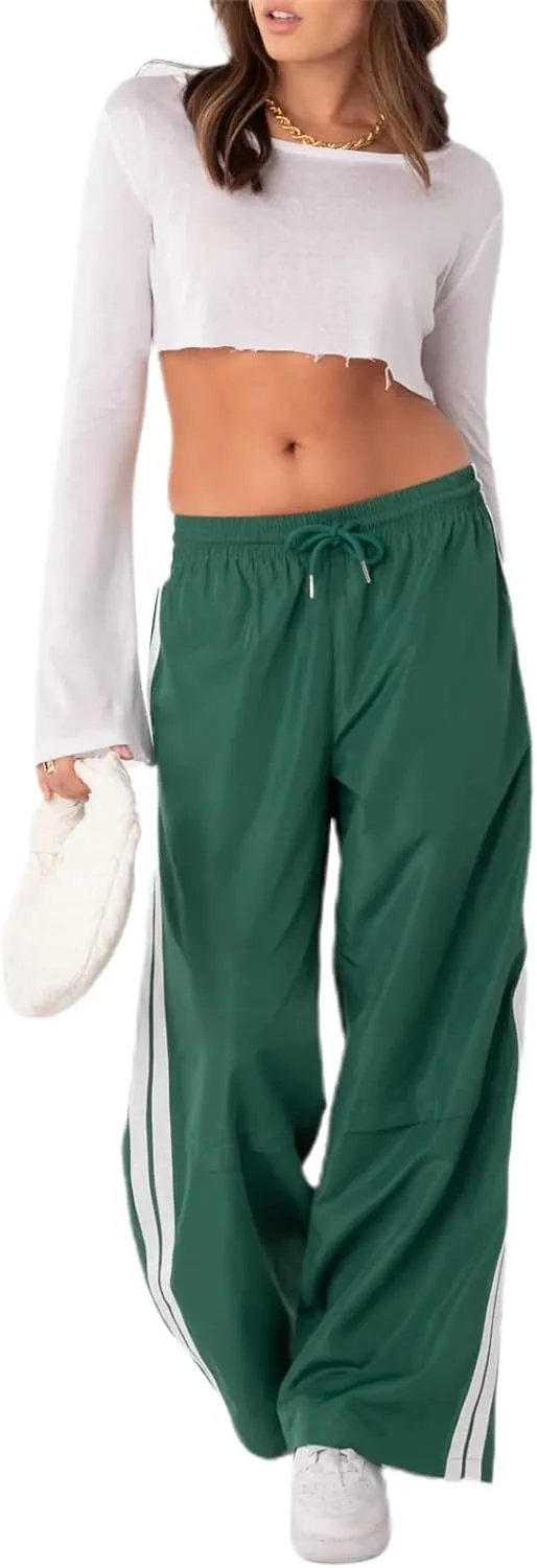 KMBANGI Women Striped Track Pants Elastic Waist Straight Leg Sweatpants Joggers Wide Leg Side Stripes Pants with Pockets