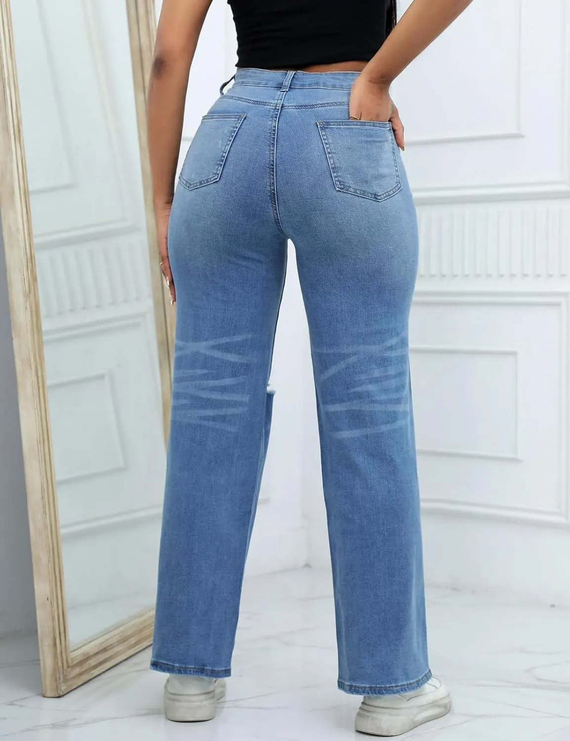 LONGBIDA Ripped High Waist Loose Wide Straight Leg Jeans for Women Stretchy Distressed Denim Pants with Pockets