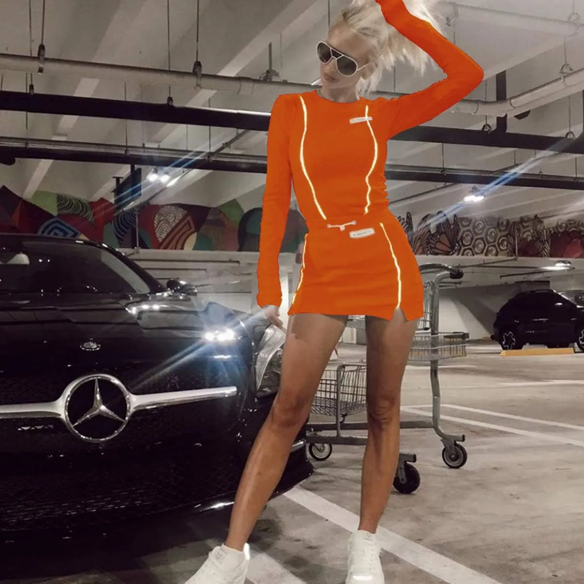 LuFeng Women's Sexy Fashion Reflective Striped long Sleeve 2 Piece Outfits Crop Top and Mini Bodycon Skirt Set