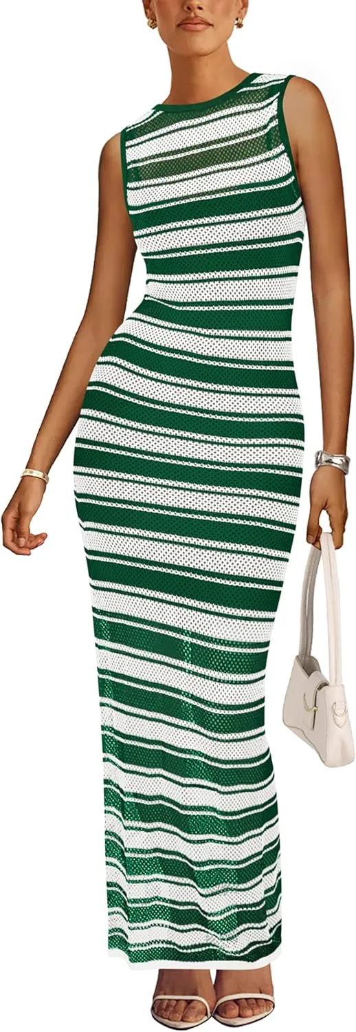 MASCOMODA Womens 2025 Striped Summer Dresses Crochet Swimsuit Coverup Sleeveless Tank Maxi Dress Beach Vacation Long Sundress