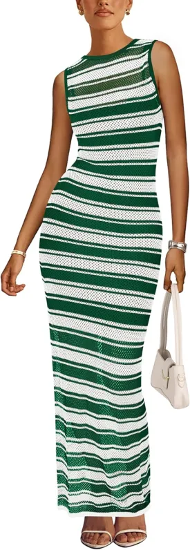 MASCOMODA Womens 2025 Striped Summer Dresses Crochet Swimsuit Coverup Sleeveless Tank Maxi Dress Beach Vacation Long Sundress