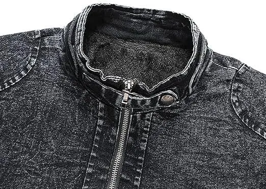 Men's Vintage Stand Collar Denim Jacket Casual Lightweight Distressed Motorcycle Coat Slim Zipper Warm Jean Jacket