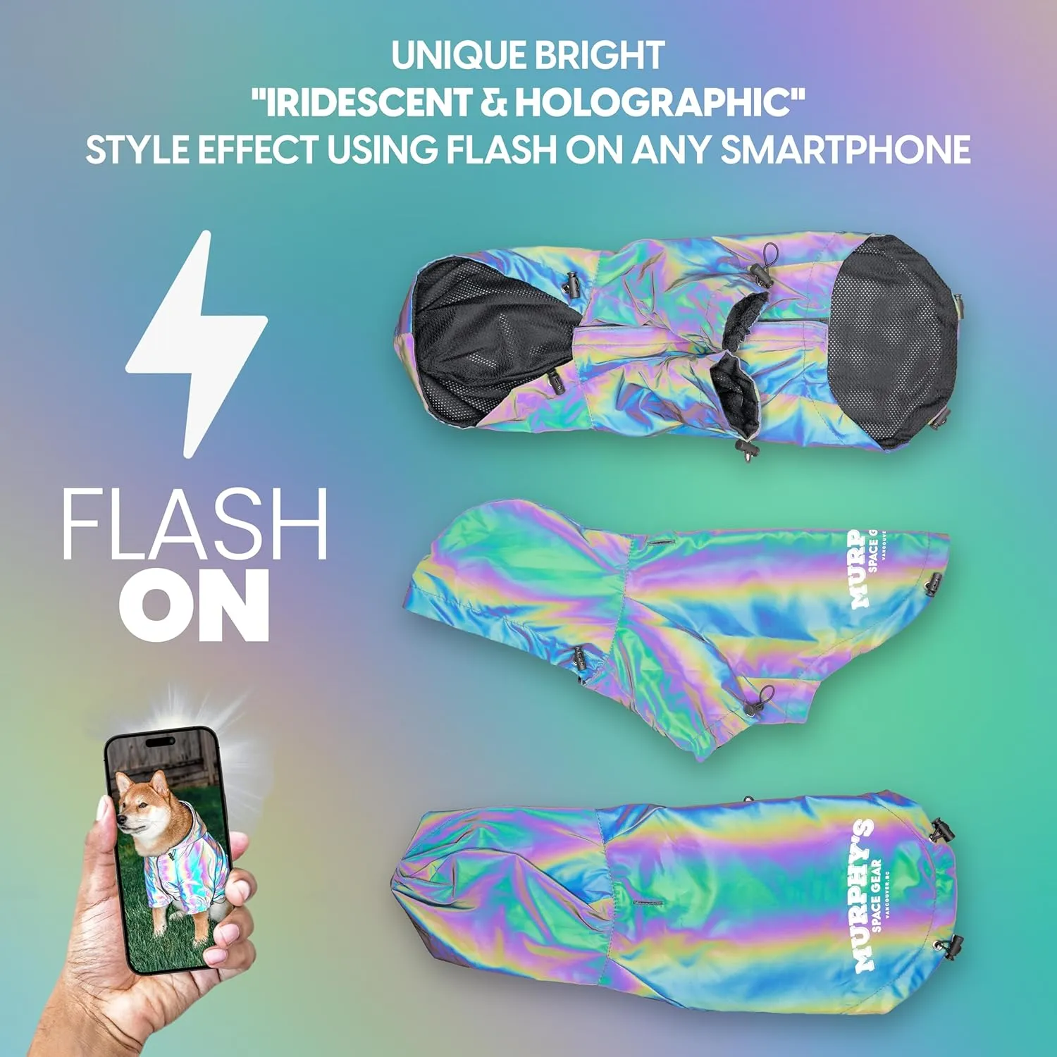 Murphy's Space Gear Space Cadet's Holographic Rain Jacket for Dogs, Reflective Water Resistant Dog Raincoat, Adjustable Drawstrings, Premium Stylish Dog Rain Jacket (4X-Large)