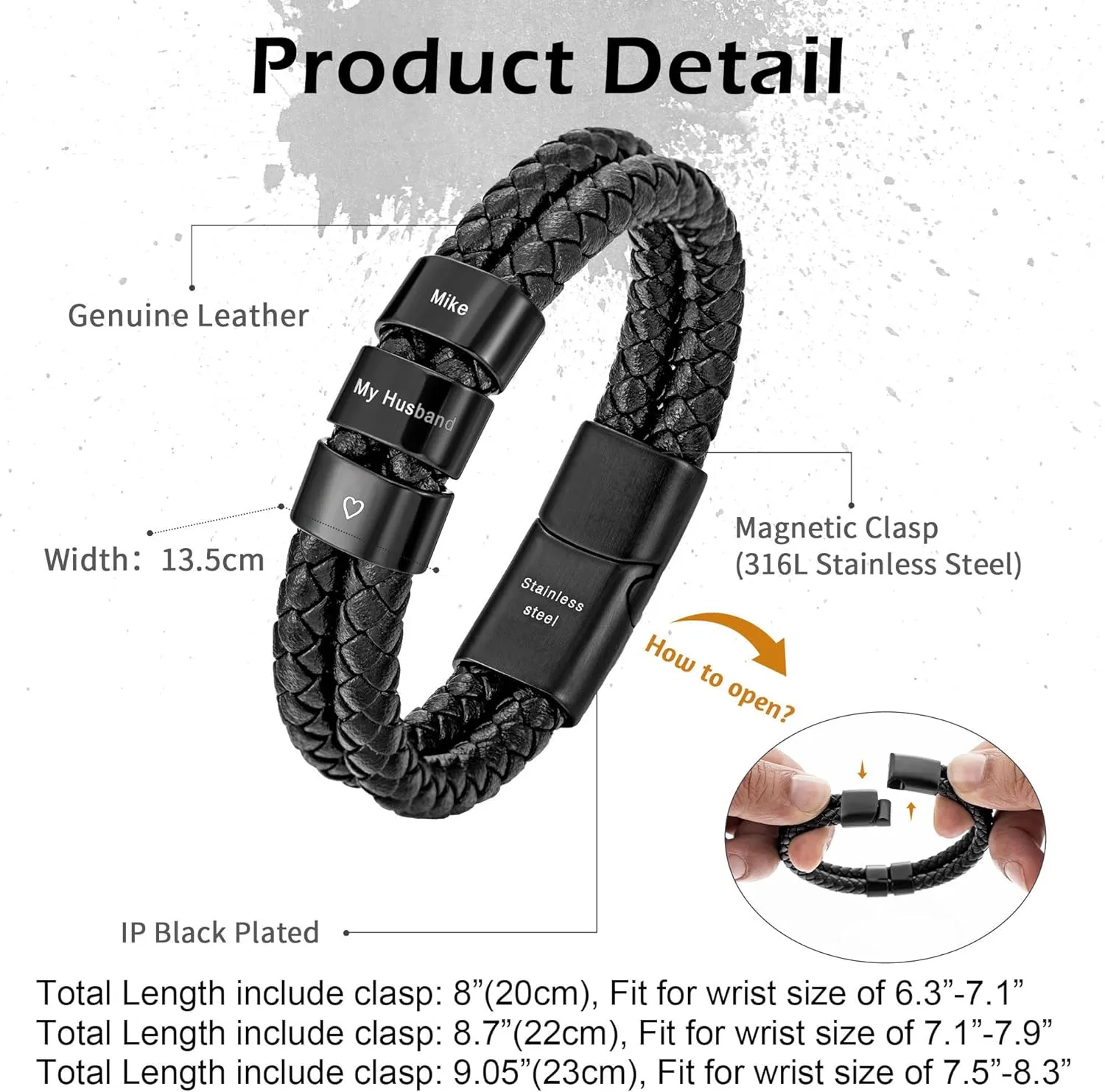 Murtoo Leather Bracelet for Men, Engraved Name Date, Personalized Gift for Husband, Father