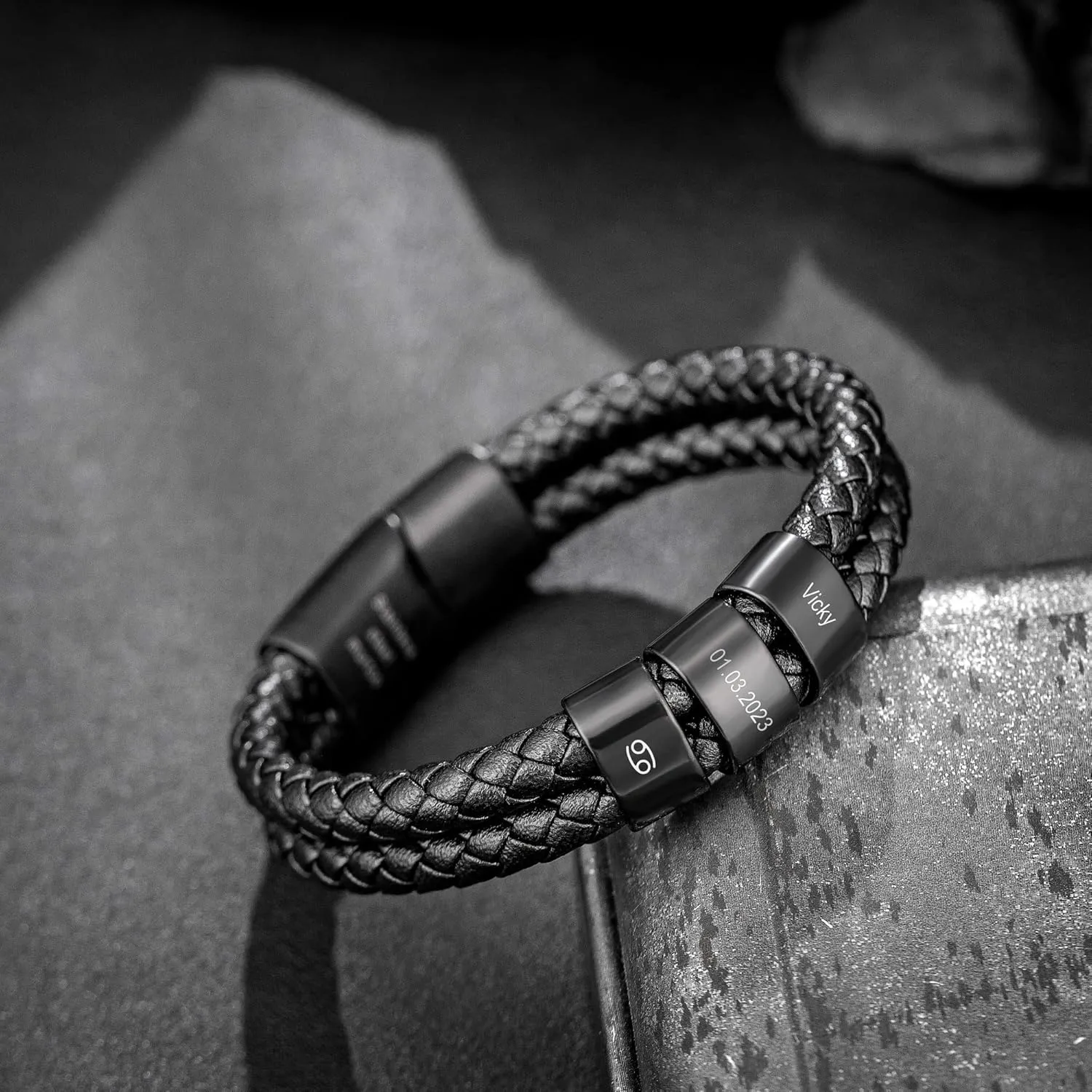 Murtoo Leather Bracelet for Men, Engraved Name Date, Personalized Gift for Husband, Father