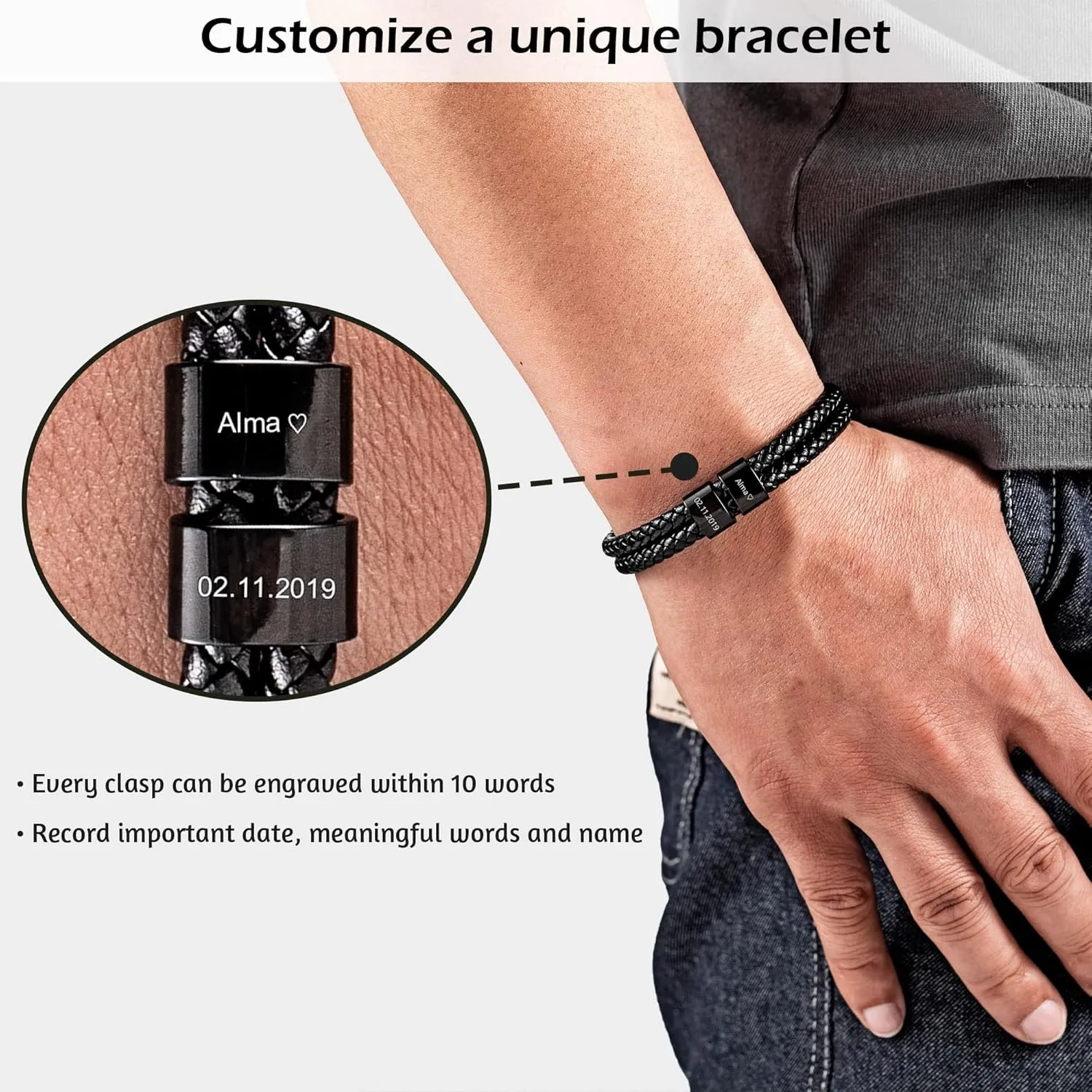 Murtoo Leather Bracelet for Men, Engraved Name Date, Personalized Gift for Husband, Father
