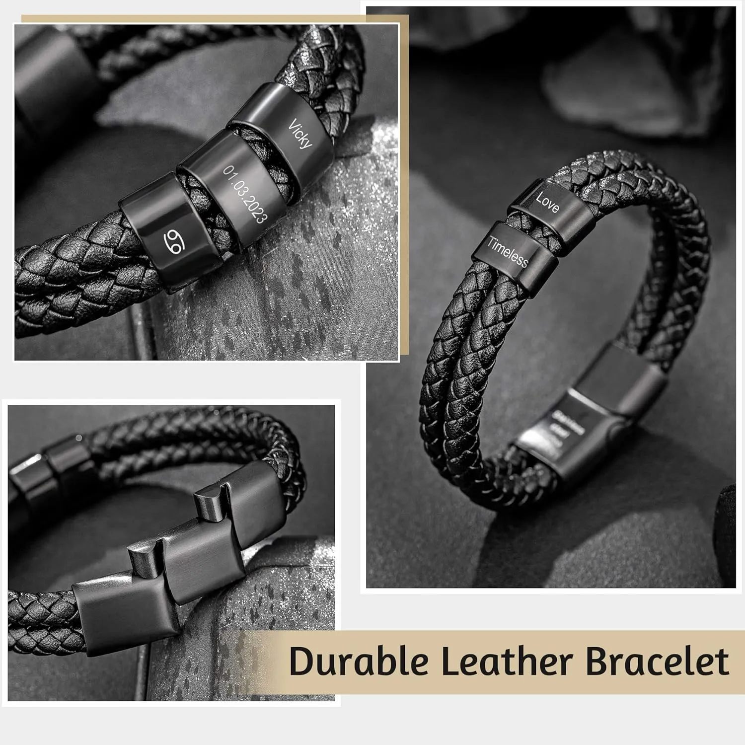 Murtoo Leather Bracelet for Men, Engraved Name Date, Personalized Gift for Husband, Father