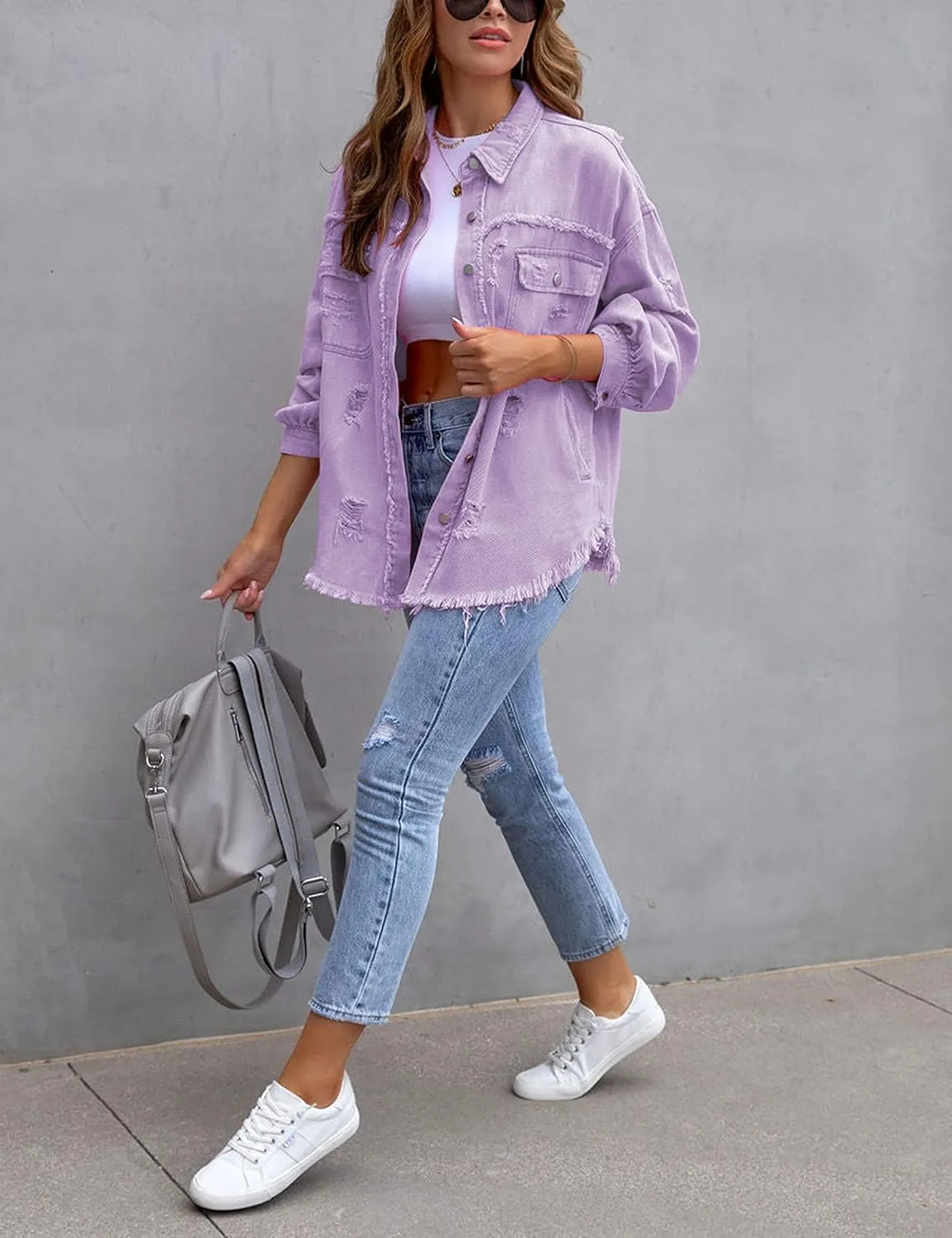 Omoone Women's Ripped Distressed Denim Jacket Casual Long Sleeve Boyfriend Jean Coat Basic Trucker Jackets