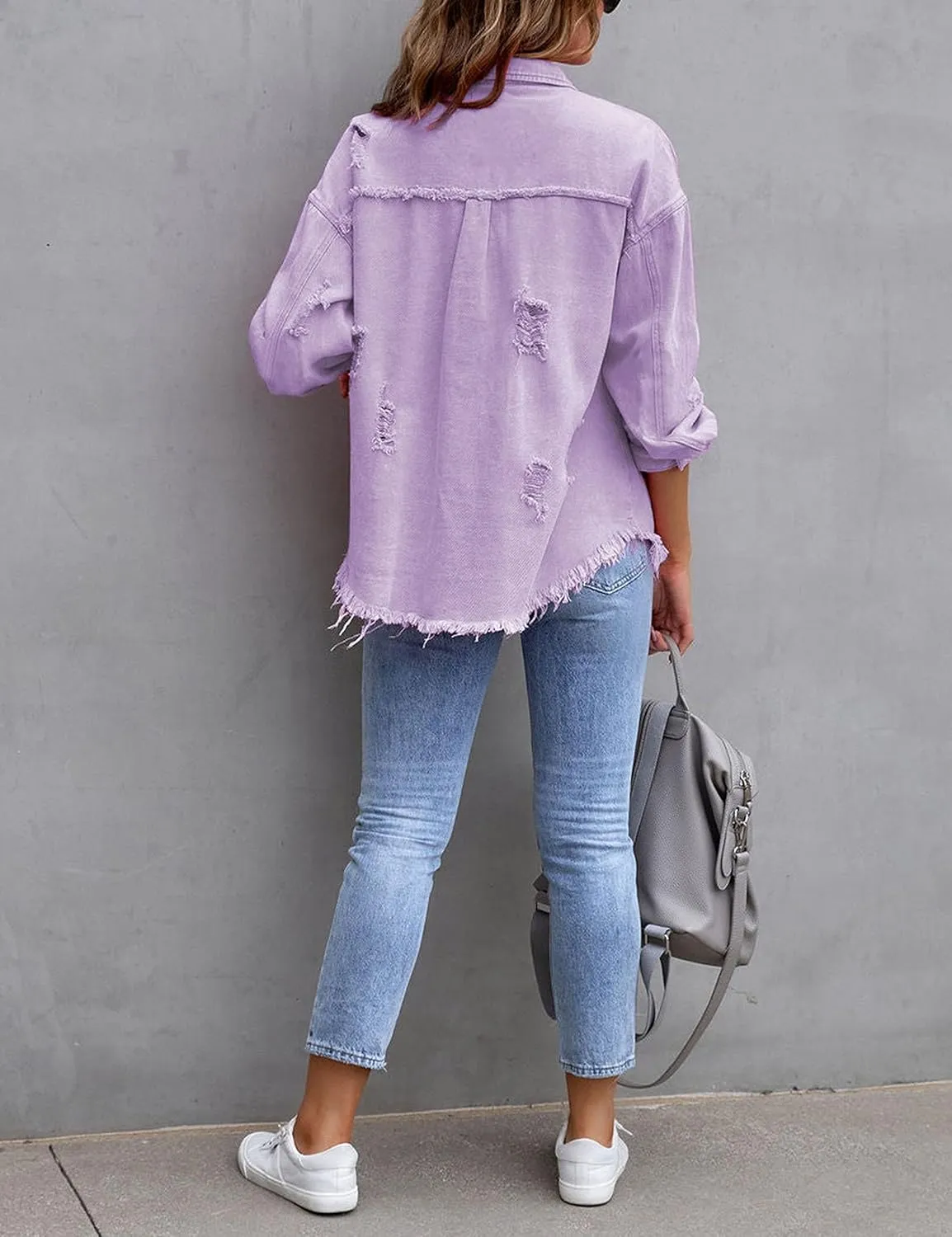 Omoone Women's Ripped Distressed Denim Jacket Casual Long Sleeve Boyfriend Jean Coat Basic Trucker Jackets