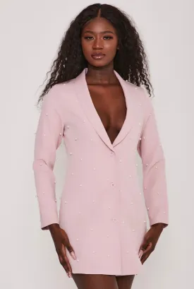 Pearl Embellished Tuxedo Collar Blazer Dress Blush Pink